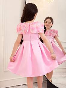 少女休闲优雅可爱3D立体花朵领拼接褶皱腰身粉色连衣裙，公主裙，日常穿着，婚礼季礼服，情人节礼服，花童礼服 - 粉色 - 查看 6