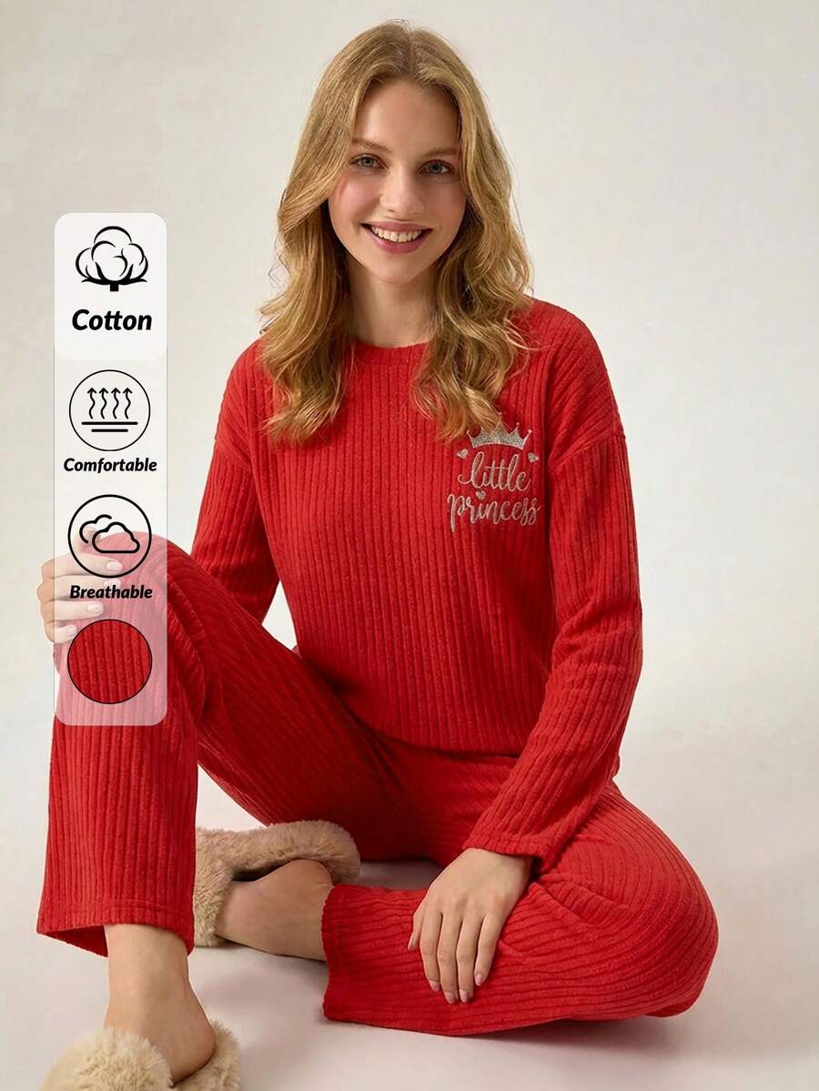 Loomlin 100%Cotton Letter Graphic Ribbed Knit Lounge Set - Red - View 1