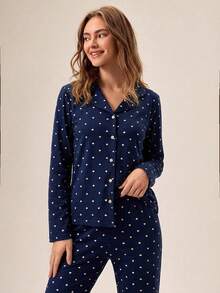 Loomlin Dam Kontrastfärgad Knapp Fram Hjärtmönster Långärmad Skjorta & Byxor Hemmakläder Pyjamasset - Marinblå - Visa 5