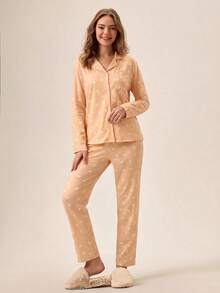 Loomlin Women 2pcs Button Front With Heart Pattern Detail Homewear Pajama Set Heart Pajama Set Long Sleeve Pj Set Soft Pajamas Set Women's Pajama Set - Multicolor - View 4