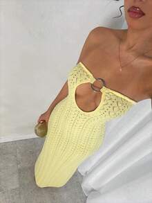 SHEIN Glamour Yellow Elegant Women's Knit Dress, Strapless Hollow-Out, Spring/Summer - Yellow - View 3