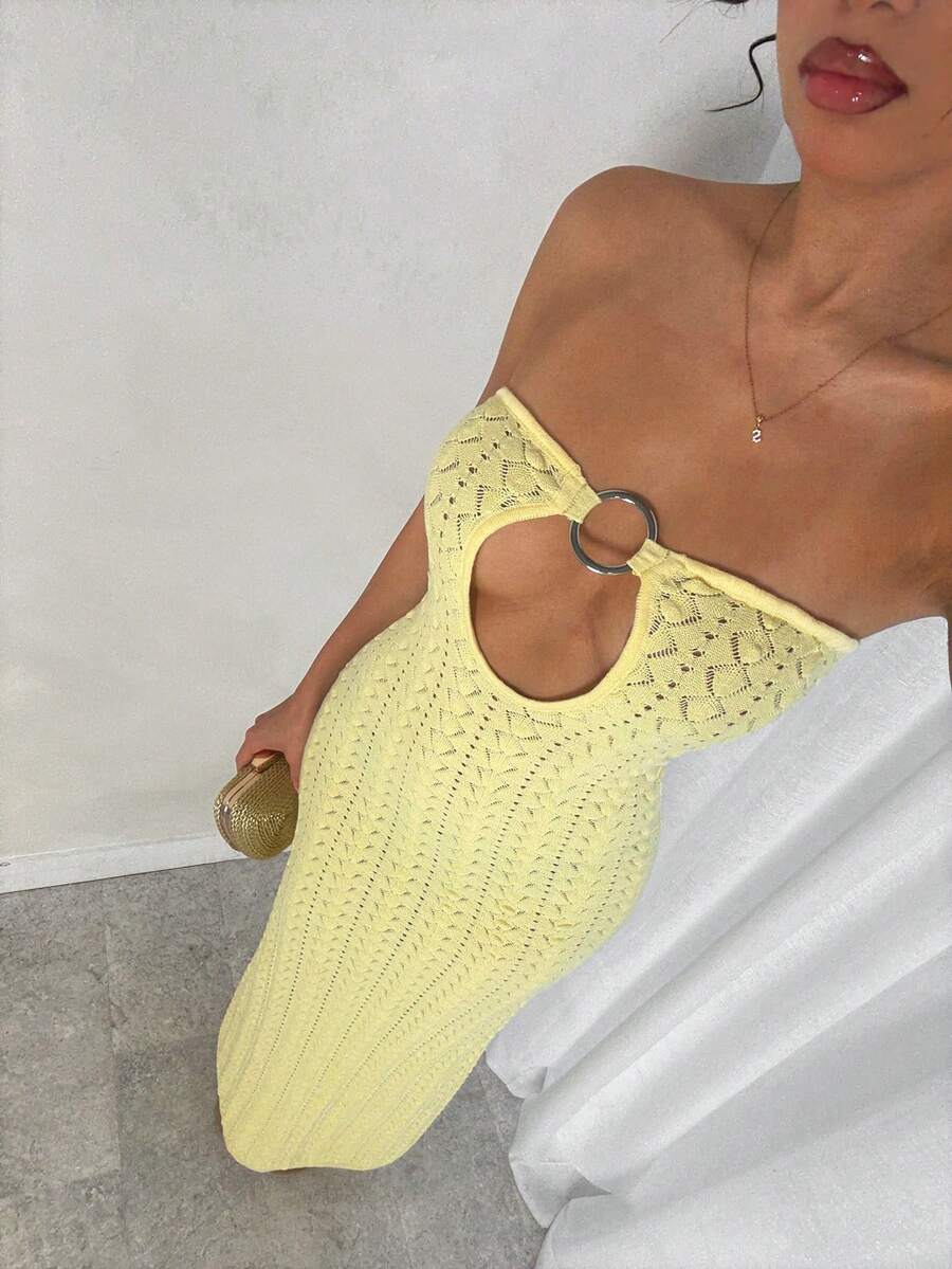 SHEIN Glamour 黄色优雅女士针织连衣裙，无肩带镂空设计，春夏款 - 黃色 - 查看 1