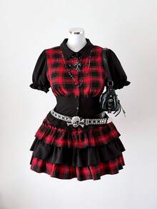 Sunspun 暗黑洛丽塔喇叭袖镂空设计上衣+格子泡泡裙套装，新款复古朋克暗黑优雅性感格子泡泡袖收腰衬衫Polo领上衣搭配松紧腰层叠蛋糕裙迷你两件套 - 彩色 - 查看 8