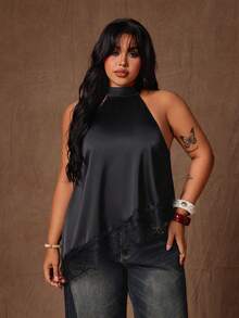 Rustia Plus Size Elegant Satin & Lace Patchwork Asymmetrical Blouse - Black - View 4