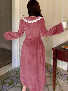 DAZY Women's Long Plush Lace Ruffle Hem Splice Pink Bathrobe, Winter - Baby Pink - View 2