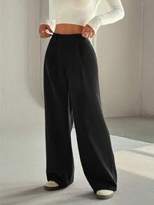 FavEase 女士高端优雅修身休闲阔腿裤 - 黑色 - 查看 4