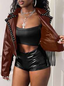 SHEIN BamGlam 时尚短袖流苏装饰朋克串珠PU流苏外套 - 棕色 - 查看 6