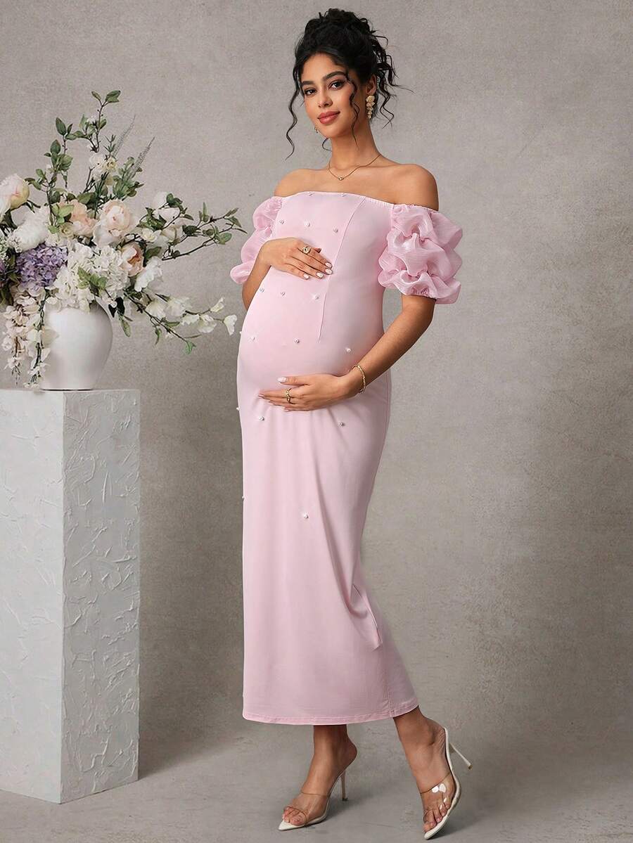Momance 孕妇露肩紧身连衣裙，3D短袖，正面饰有泡泡珠，后背开衩。 - 淺粉色 - 查看 1