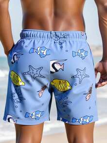 Manfinity Swimmode 男士松紧腰抽绳休闲海星热带鱼印花沙滩短裤 - 彩色 - 查看 2