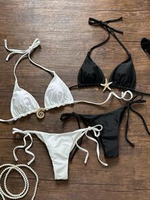 Swim Vcay 1 Set Women's Solid Color Halter Neck Triangle Bikini Swimwear, Black & White - Black and White - View 10