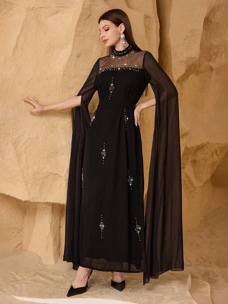 Modelyn فستان أنيق مزين بالخرز للنساء ذو تصميم رشيق - الأسود - مشاهدة 6