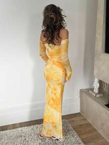 RebeccaVibe 女式优雅印花落肩带长袖连衣裙 - 黃色 - 查看 2