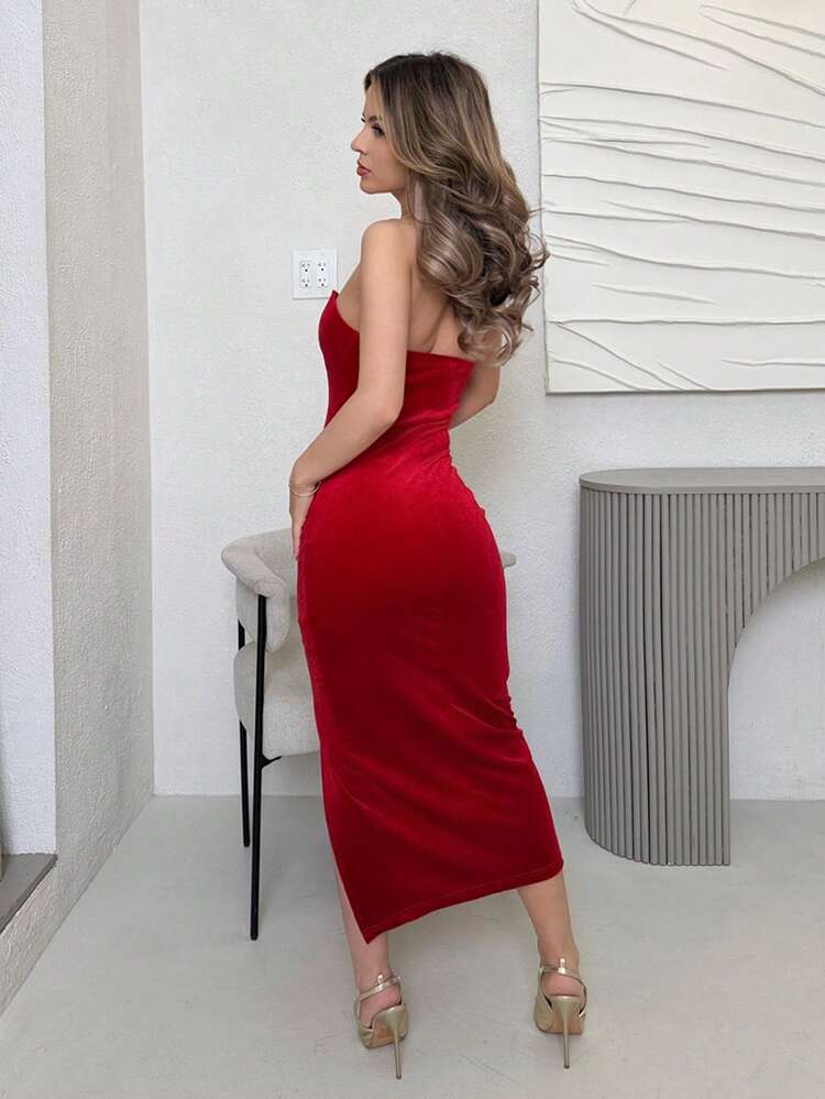 Jemour Vestido midi de mujer con cuello en V de terciopelo, sin mangas y con abertura alta - Rojo - Añade 2