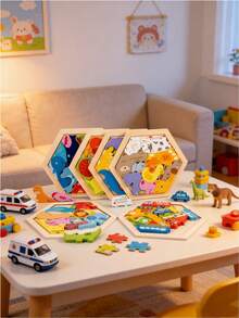 1件装木制创意3D拼图积木，包含交通、动物和水果图案，兼具认知和拼图功能，创意主题卡通叠叠乐玩具 - 彩色 - 查看 17
