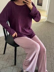 DAZY 配套柔软针织舒适宽松女士睡衣套装 - 紫色 - 查看 5