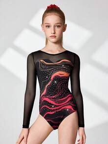 Tween Girls Gymnastics Leotard, Professional Sports Gymnastics & Dance, High Stretch Breathable Purple Sparkling Pattern Rhinestone Bodysuit - Black - View 1