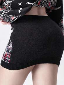 ROMWE Gothic Castle & Church Pattern Mini Bodycon Skirt For Plus Size Women - Black - View 3