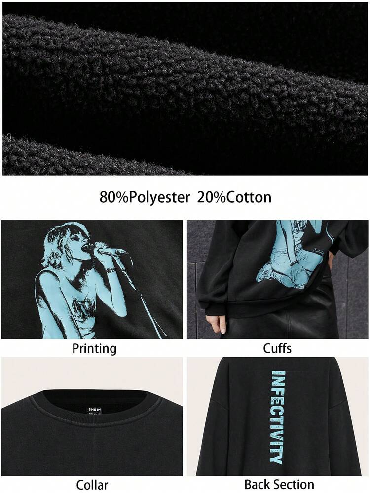 SHEIN Maija Women's Oversized Black Casual Loose Pullover Sweatshirt With Blue Women-Themed Graphic Print, Long Sleeve, Round Neck, Versatile For All Seasons, Unisex Hippie