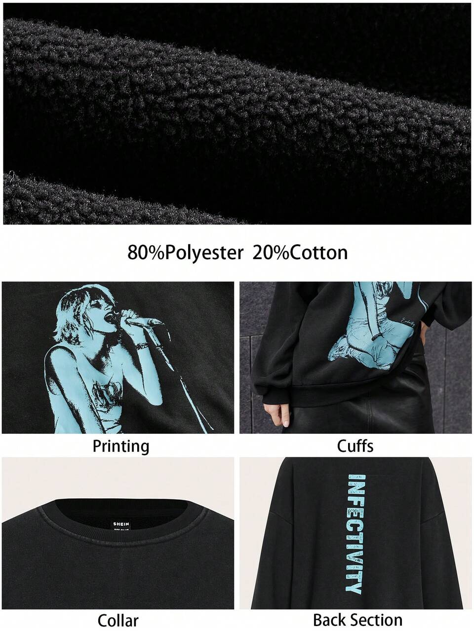 SHEIN Maija Women's Oversized Black Autumn Streetwear Concert Pullover Sweatshirt,Blue Graphic Print,Long Sleeve Round Neck Loose Casual Unisex Hippie Top