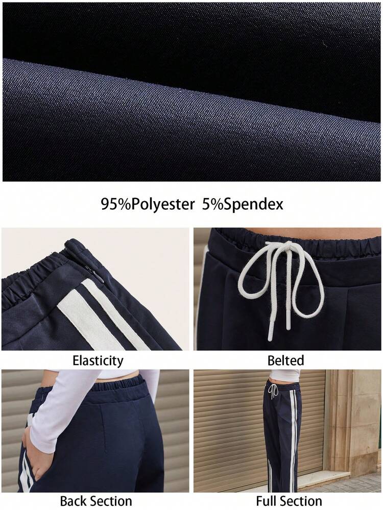 SHEIN Maija Women Side Striped Drawstring Waist Straight Loose Casual Pants,Festival