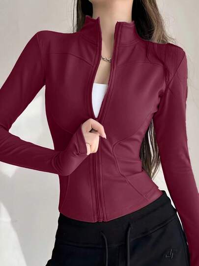 Chaqueta de yoga Y2K ajustada con cremallera y mangas largas con abertura para pulgar