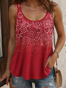 INAWLY Top sin mangas para mujer con patrón geométrico degradado, cuello redondo retro de ajuste regular, adecuado para uso diario y vacaciones, primavera/verano - Multicolor - Ver 1