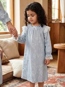 Young Girls Pajamas-Nightdress Long Sleeve Round Neck Ruffle Collar Lace Cuff Floral Print Pastel Blue Sleep Gown Kids Nightwear Dress Adorable Comfortable Holiday 2026 Essential Four Seasons Cozy Lightweight Lounge Pajama Bedtime Party Photo Gift Light Blue Kids Dress Shirt Dress Kids Little Girl Nightgown Toddler Nightgown Long Sleeves Kids Dress