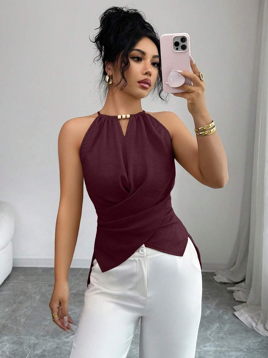 Elenzga Áo kiểu quấn cổ yếm màu trơn dành cho nữ, thích hợp cho mùa hè. - Màu Đỏ Sâu - Xem 1