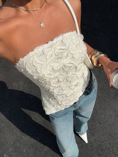 Siren Gaze Women's Solid Color Asymmetric Hem Bandeau Sleeveless Top White Strapless Top White Tube Top Women Lace Tube Top 3d Flower Top
