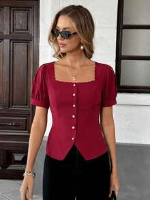 Franclia Women's Elegant Burgundy Summer Dining Shirt,Waist Cinching Backless Tie Asymmetrical Collar Square Neck Red Blouse,Holiday Wine Dark Red Blouse Tops ,Petite Women - Burgundy - View 6