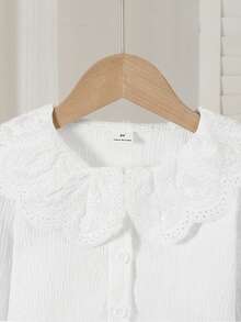 SHEIN Girls Elegant Embroidered Ruffle Collar Princess Long Sleeve Button-Front Casual Fashion Princess Blouse, Suitable For School, Vacation, Travel, Birthday Party, Spring/Autumn - White - View 4