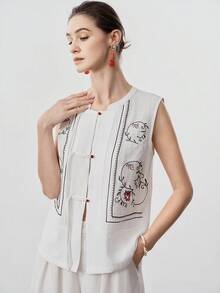 SHEIN LUNE Women's Summer Floral Embroidery Button-Up Shirt For Vacation - White - View 7
