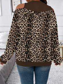 Vionelle 大码女式法式休闲优雅豹纹长袖卫衣，秋冬款 - 咖啡棕 - 查看 2