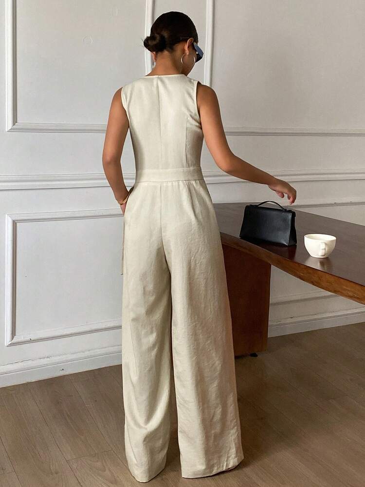 Solid Color Fitted V-Neck Sleeveless Oblique Collar Cinched Waist Elegant Jumpsuit For Women, Suitable For Spring/Autumn Vacation Summer