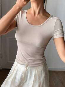 DAZY Camiseta interior elegante de manga corta, cuello redondo y ajuste ceñido con encaje de contraste para mujer, primavera/otoño - Gris - Ver 3