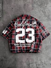 AXEPEAK 男士字母格纹印花短袖单排扣休闲衬衫 - 彩色 - 查看 3