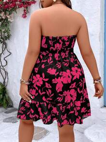 SHEIN Clasi 大码印花纽扣装饰无肩带夏季连衣裙，收腰设计，适合度假沙滩穿着 - 彩色 - 查看 2