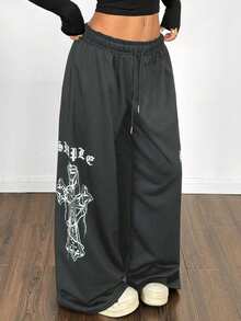 StreetHx 女士黑色朋克十字印花阔腿运动裤 - 深灰色 - 查看 6