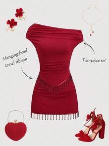 Sweetra Bộ áo thun ôm sát màu đỏ tía và chân váy ngắn xếp ly viền ren đính đá và tua rua dành cho nữ, thích hợp cho mùa xuân/hè, ngày Valentine. - Màu Đỏ Sâu - Xem 3