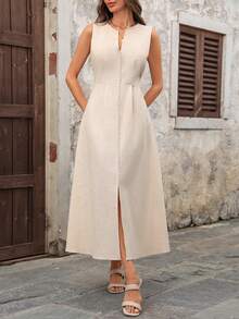 EMERY ROSE 女士纯色V领无袖褶裥开衩休闲夏季简约连衣裙 - 杏色 - 查看 9