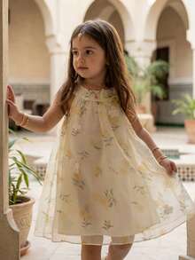 SHEIN Vintaside Kids 女婴无袖刺绣花卉连衣裙，甜美风格，优雅公主造型，适合节日和聚会 - 金色 - 查看 6