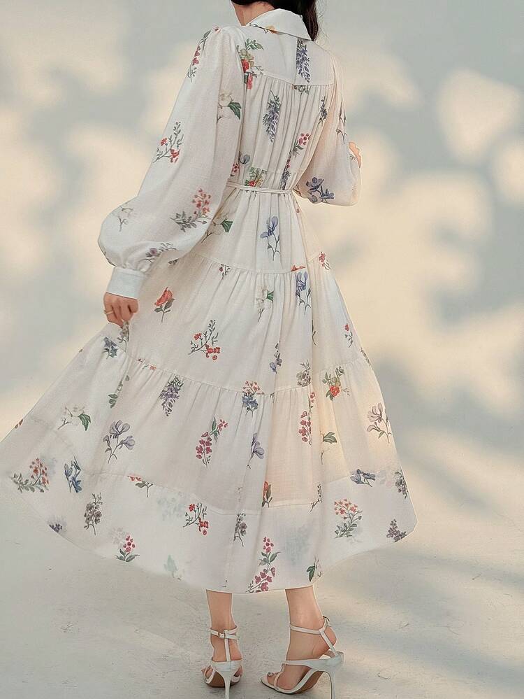 Women's Elegant Floral Puff Sleeve Belted Midi Dress, Spring/Summer Wedding Guest Dress Sundress