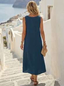 Faunlyn Women's Sleeveless Solid Color Dress - Navy Blue - View 2