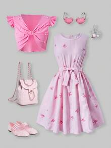 SHEIN Explorewe Streecool 女童两件套：休闲罗纹短款无袖毛衣 + 印花蝴蝶结简约编织连衣裙（含腰带），适合春夏日常休闲穿着 - 粉色 - 查看 5