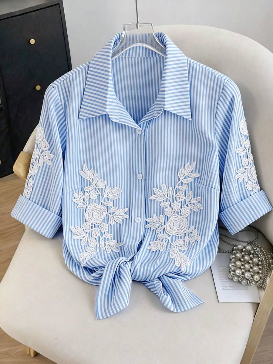 GlowEve Women's Striped Ruffle Trim Long Sleeve Casual Shirt - Blue - View 1