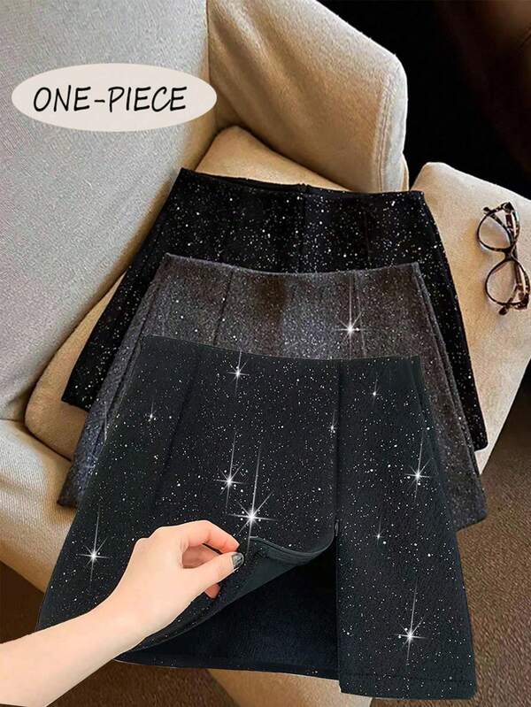 Chiquease Falda de mujer de cintura alta con cremallera decorativa brillante y versátil de diseño de moda