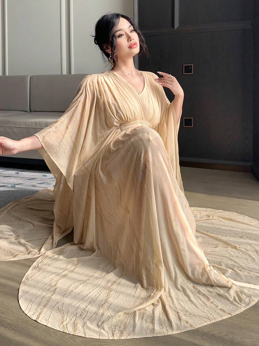 Dazy Plus Plus Size Floral Print V-Neck Ruffle Sleeve Waist Cinched Maxi Party Dress, Apricot Color, Spring/Summer Sundress - Apricot - View 1