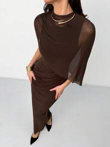 Aloruh Brown Minimalist Ruched Decor Long Tight Mesh Dress For Women, Autumn/Winter - Brown - View 6