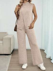 Louniche 2pcs Women Casual Crossover Mock Neck Sweater Top And Straight Leg Pants Set, Fashion Versatile For Spring, Summer, Autumn - Khaki - View 6