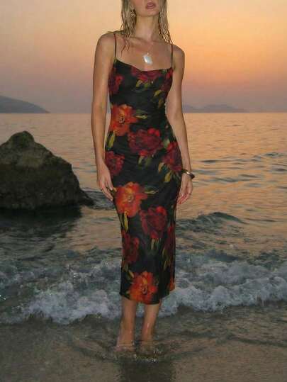  Aloruh Women's Elegant Vintage Commuter Versatile Party Sexy Fashion Spring Summer Draped Neck Waist Cinched Valentine's Day Oil Painting Rose Full Print Slip Dress, Valentine's Day Dress, Party Dress, Suitable For Valentine's Day Date, Women's Date Dress, Women's Night Out Dress, Women's Summer Dress, Women's Honeymoon Travel Outfit, Women's Elegant Party Dress, Women's Birthday Dress Carnival